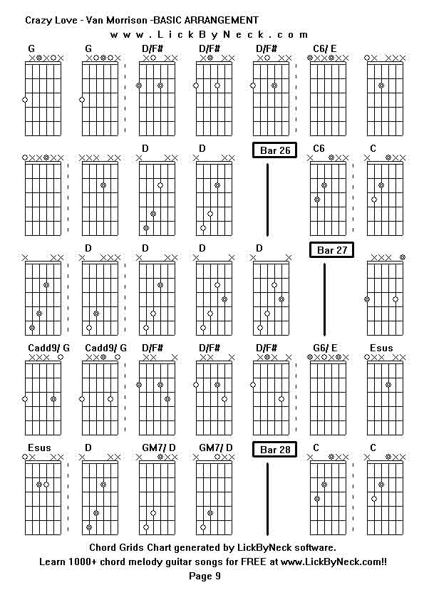 Chord Grids Chart of chord melody fingerstyle guitar song-Crazy Love - Van Morrison -BASIC ARRANGEMENT,generated by LickByNeck software.